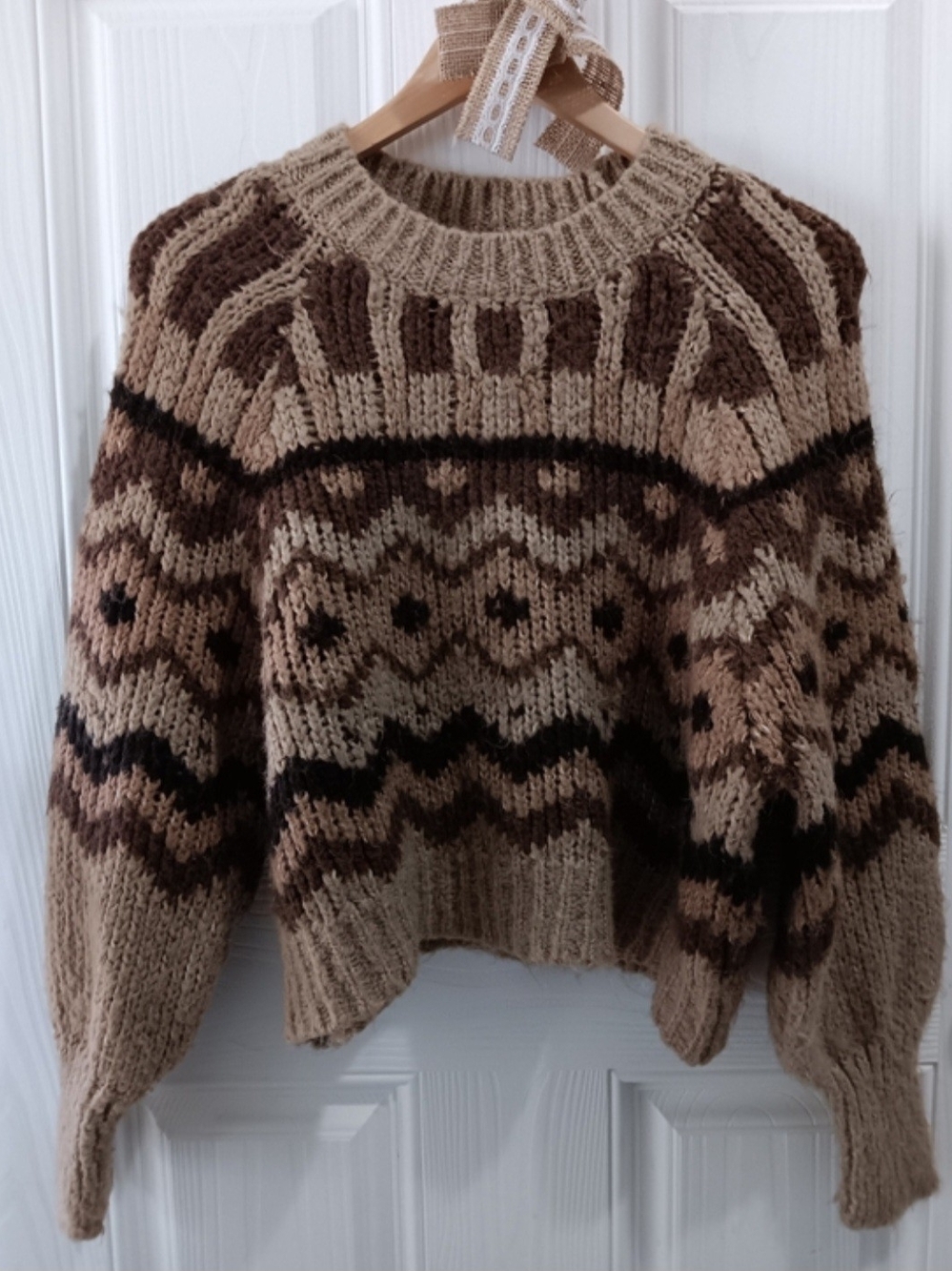 By Anthropologie Caramel Chai Carson Fair Isle Geo Chunky Knit  Crewneck Sweater - Picture 7 of 7